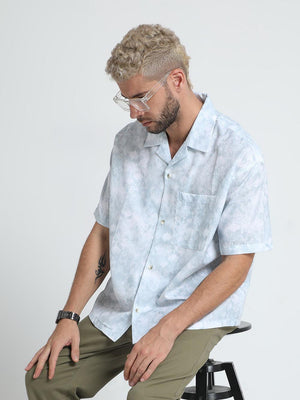 Men's Tropical Blue Printed Baggy Short Sleeve Shirt - Espanshe
