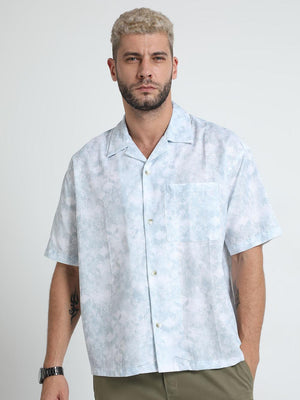 Men's Tropical Blue Printed Baggy Short Sleeve Shirt - Espanshe