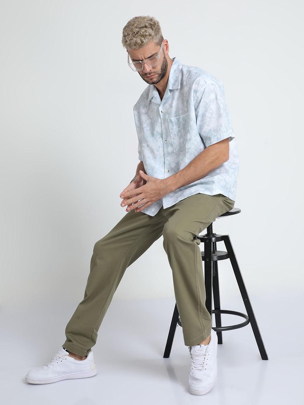 Men's Tropical Blue Printed Baggy Short Sleeve Shirt - Espanshe