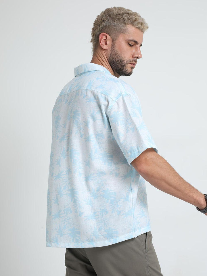 Men Loose Fit Tropical Blue Cuban Collar Shirt - Espanshe