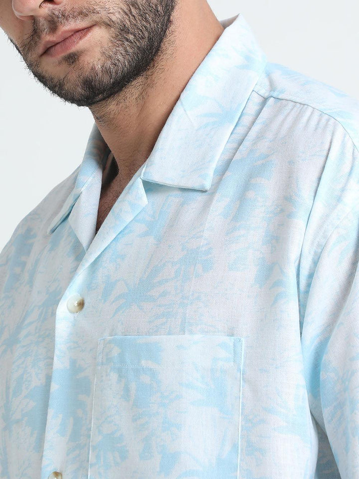 Men Loose Fit Tropical Blue Cuban Collar Shirt - Espanshe