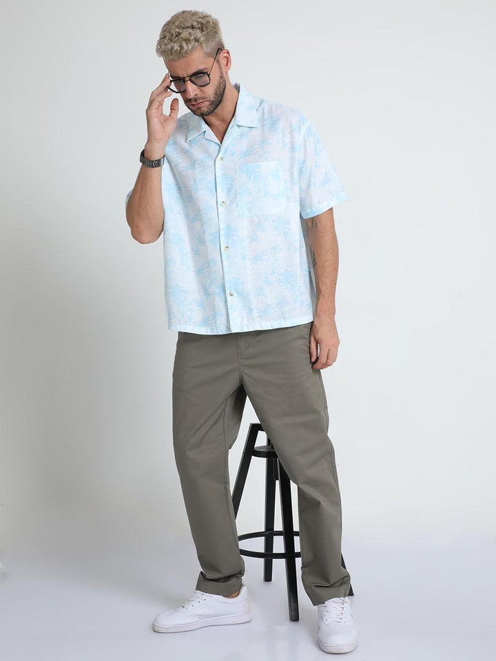 Men Loose Fit Tropical Blue Cuban Collar Shirt - Espanshe