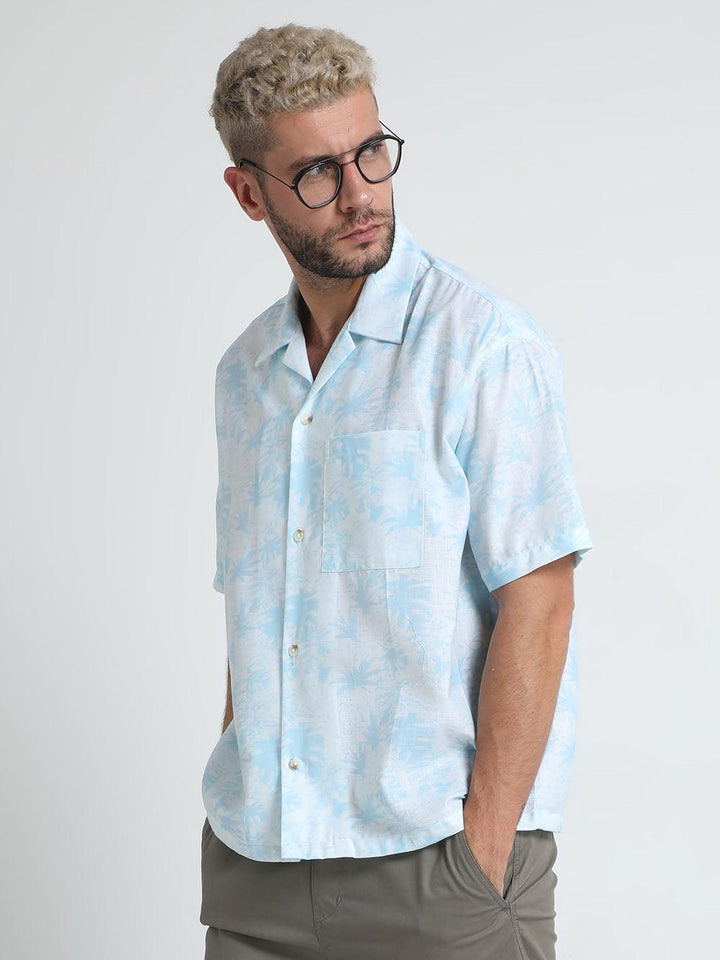 Men Loose Fit Tropical Blue Cuban Collar Shirt - Espanshe