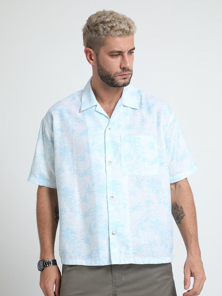 Men Loose Fit Tropical Blue Cuban Collar Shirt - Espanshe