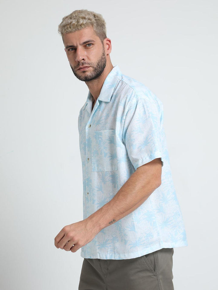 Men Loose Fit Tropical Blue Cuban Collar Shirt - Espanshe