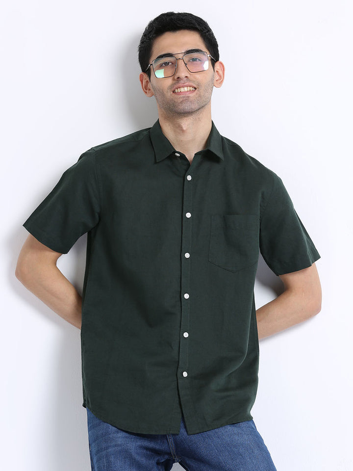Men Rangoon Green  Linen Half Sleeve Plain Shirt