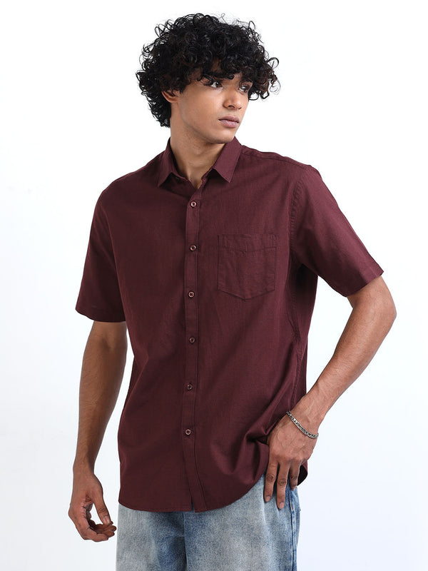 Men's Dark Maroon Linen Half Sleeve Shirt