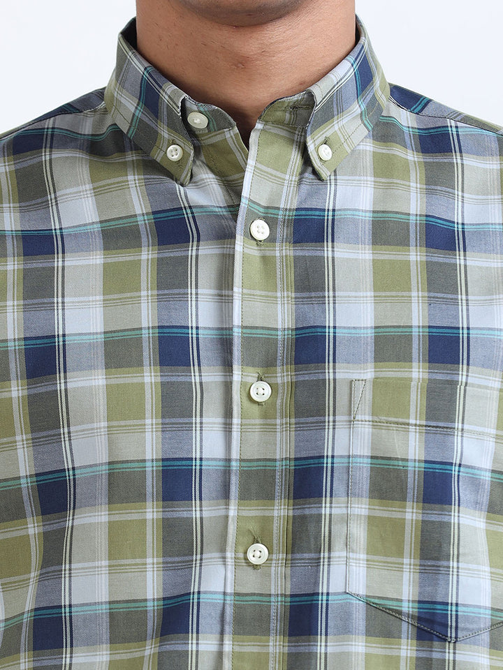 Navy Blue-Green Checks Shirt For Men's