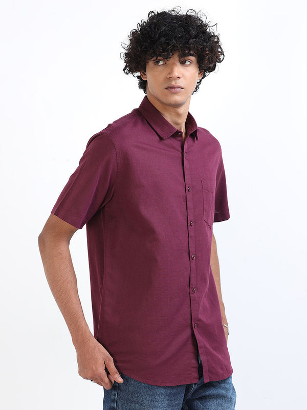 Men's Maroon Linen Half Sleeve Shirt