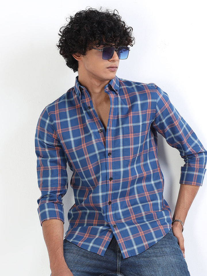 Casual Chambray Blue Checks Shirt For Men's