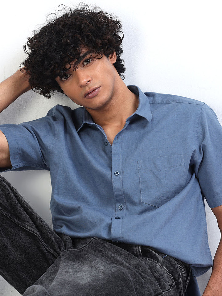 Polo Blue Linen Half Sleeve Shirt For Men's