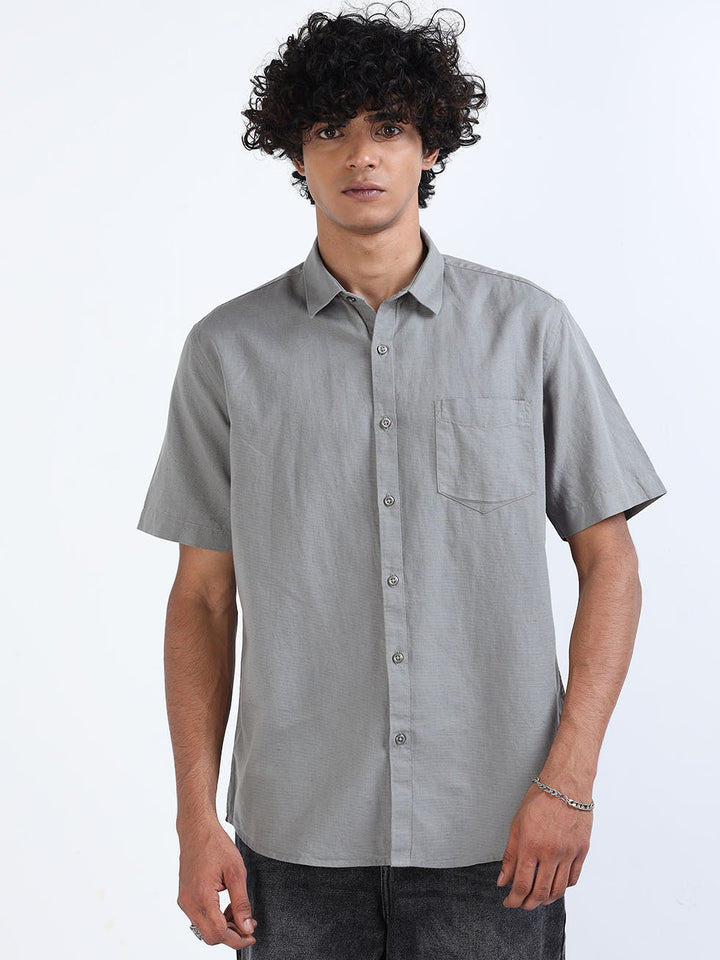 Men's Mountain Grey Linen Half Sleeve Shirt