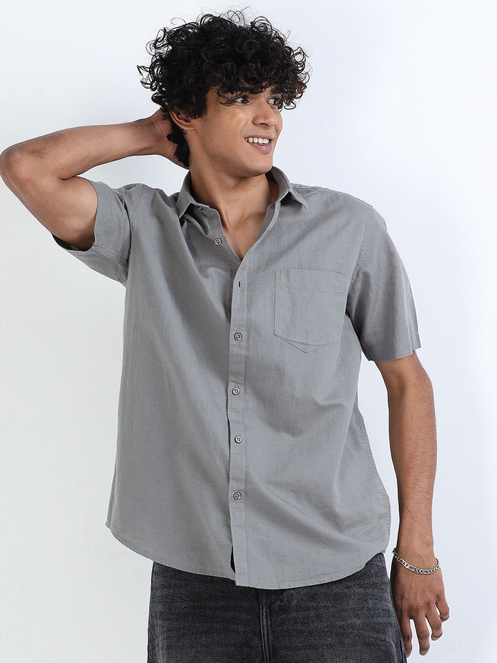Mountain Grey Linen Half Sleeve Shirt For Men's 