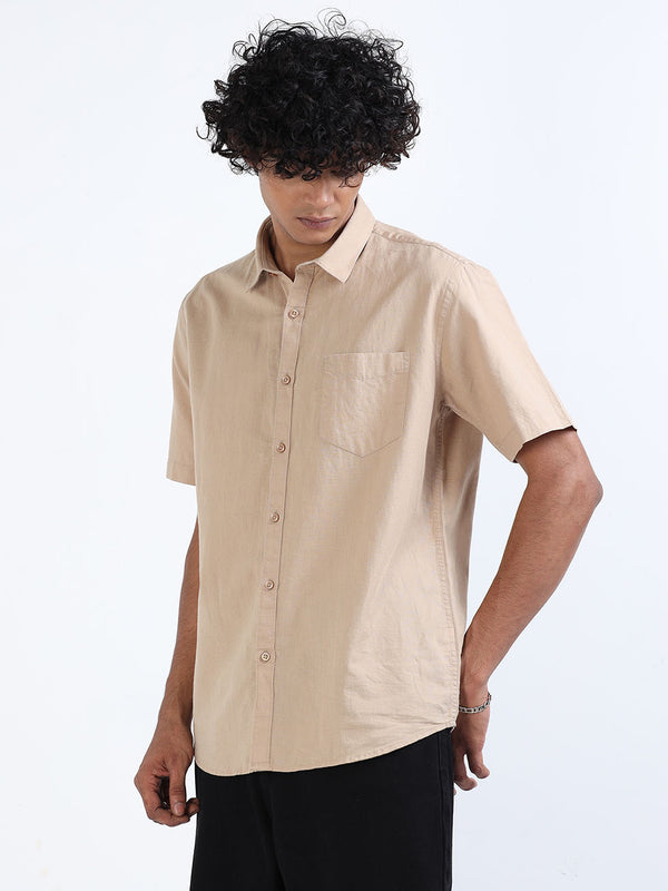 Men's Cream Linen Half Sleeve Shirt