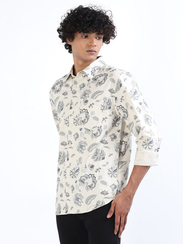 Men's Cream Linen Printed Shirt