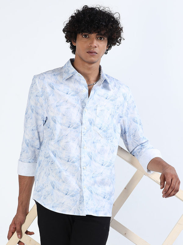 Men's Tropical Blue Linen Printed Shirt