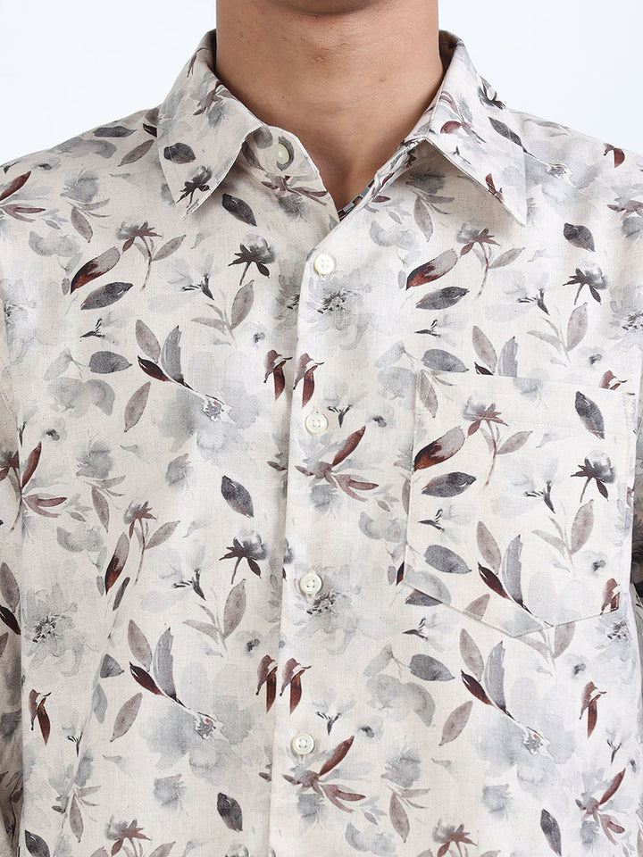 Men's Cream Linen Printed Shirt