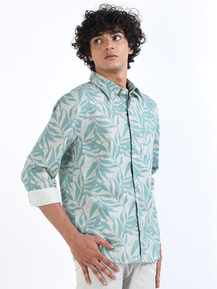 Men's Sea Blue Linen Printed Shirt