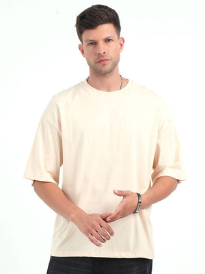 Cream Baggy Fit Round Neck T-Shirt - Espanshe