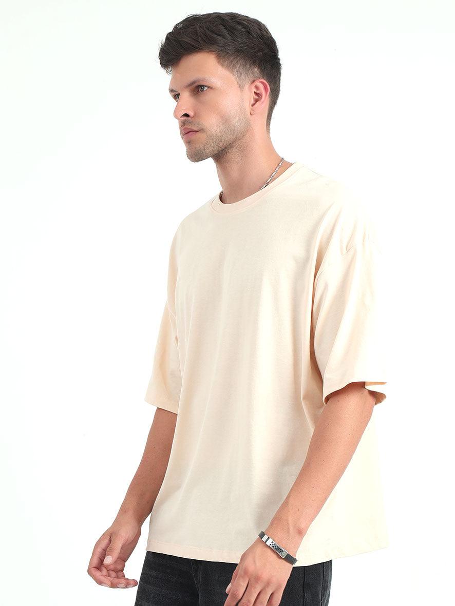 Cream Baggy Fit Round Neck T-Shirt - Espanshe