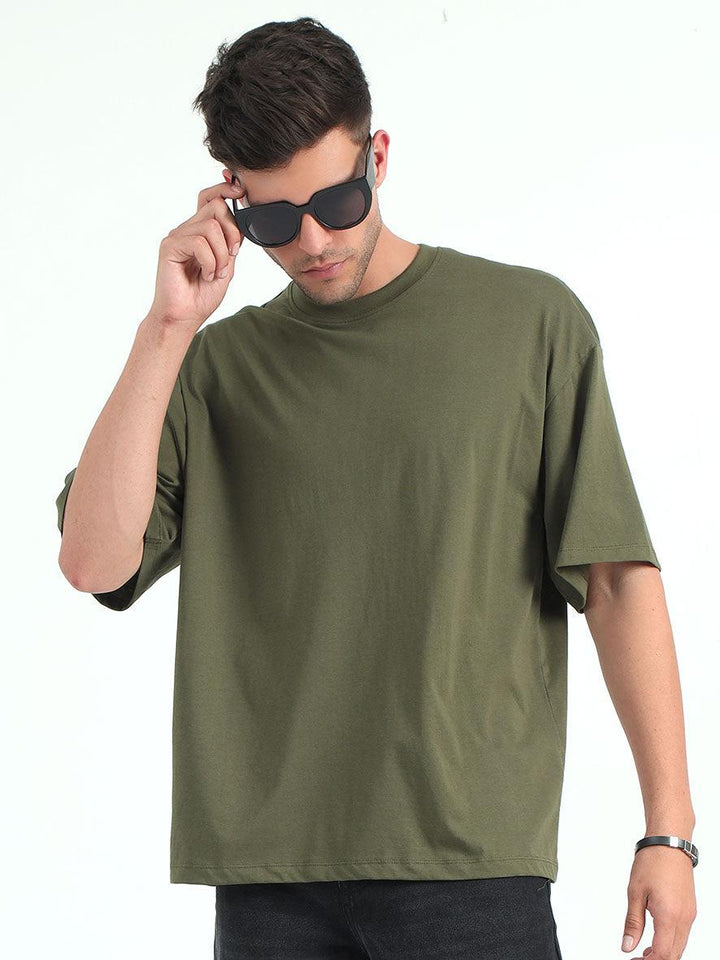 Olive Baggy Fit Round Neck T-Shirt - Espanshe