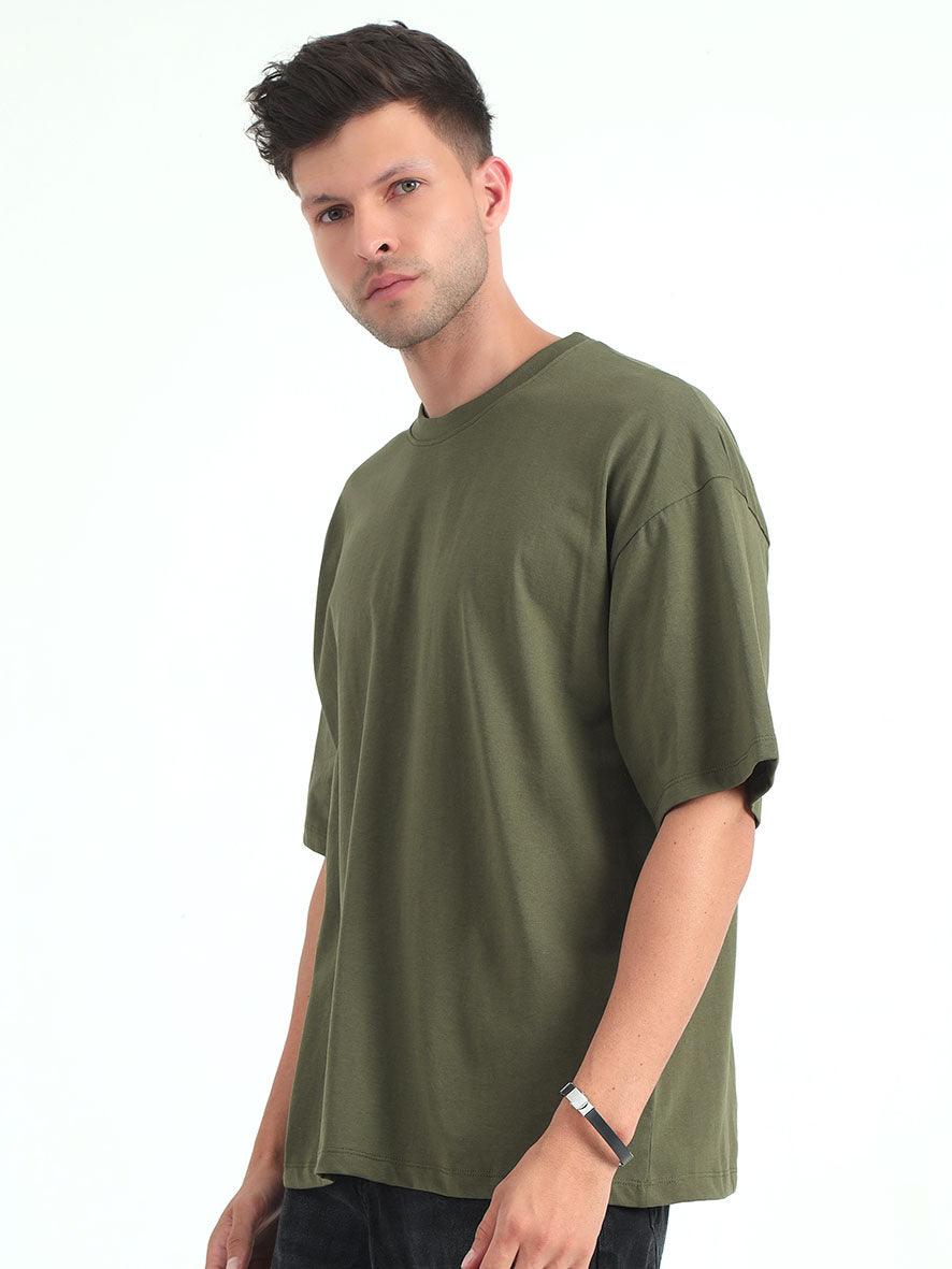 Olive Baggy Fit Round Neck T-Shirt - Espanshe