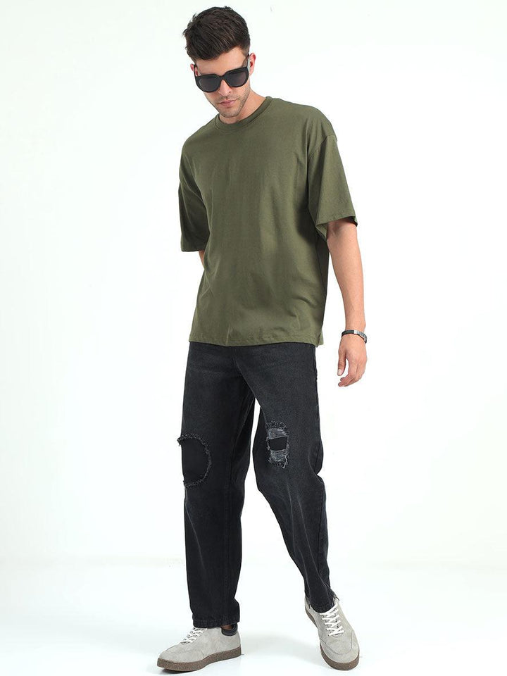 Olive Baggy Fit Round Neck T-Shirt For Men's