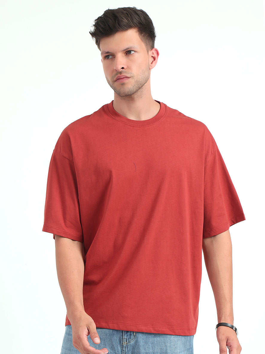 Rust Red Baggy Fit Round Neck T-Shirt For Men's