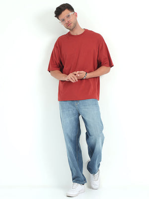 Rust Red Baggy Fit Round Neck T-Shirt For Men's