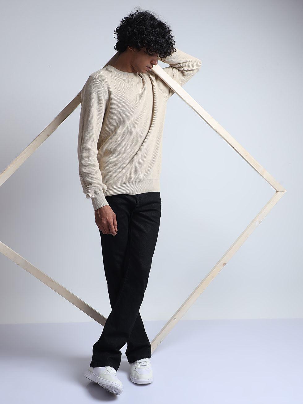 Men's Cream Cotton Sweater - Espanshe