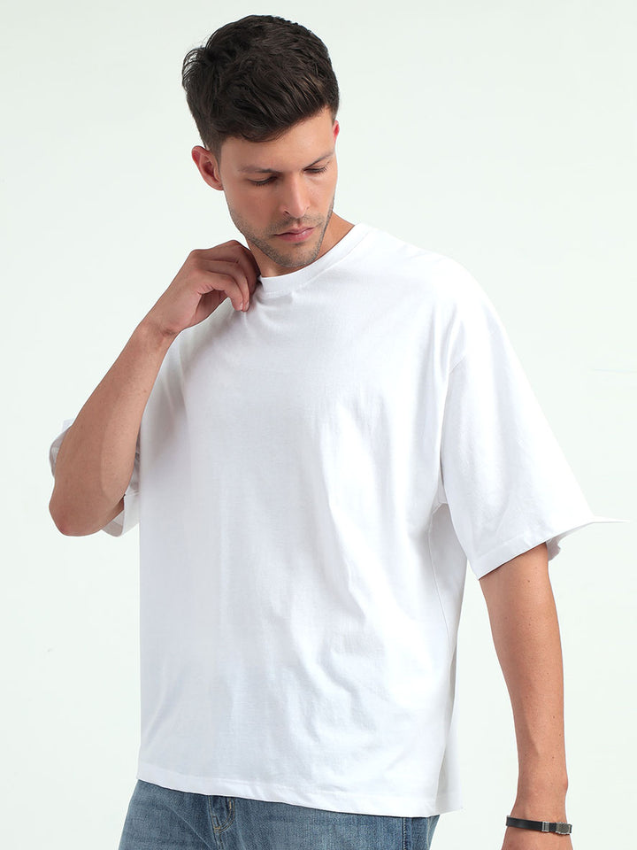 White Baggy Fit Round Neck T-Shirt For Men's