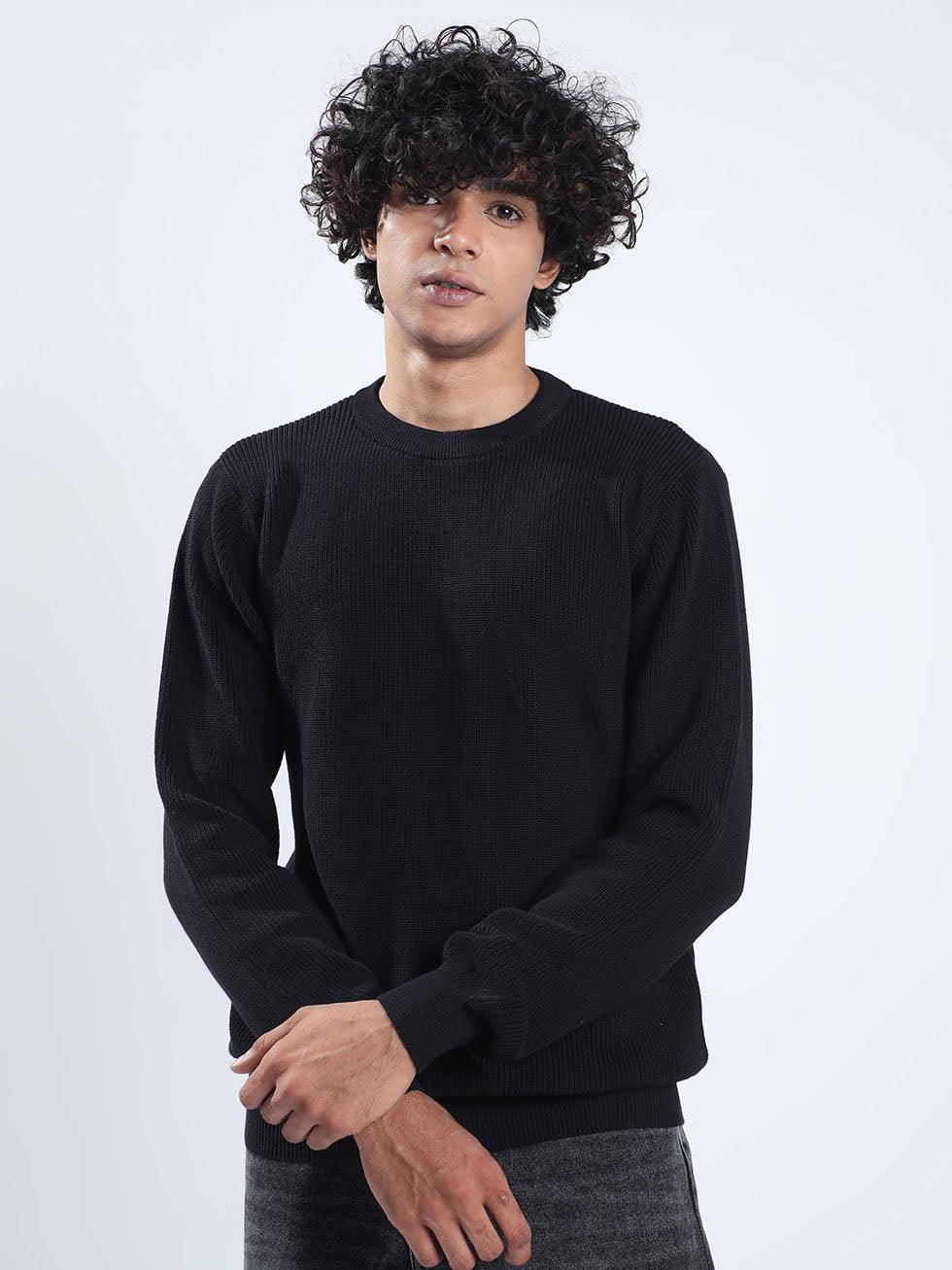 Men's Black Cotton Sweater - Espanshe