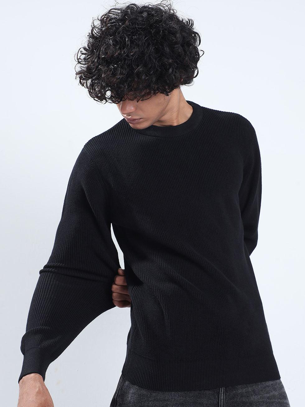 Men's Black Cotton Sweater - Espanshe