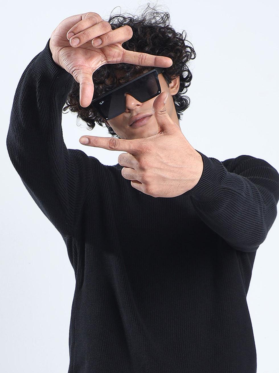 Men's Black Cotton Sweater - Espanshe