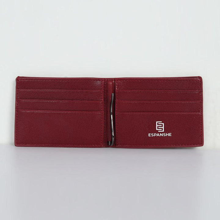 Two Folding Genuine Leather Money Clip Card Holder Wallet - Red - Espanshe