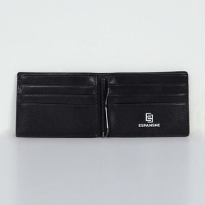 Two Folding Genuine Leather Money Clip Card Holder Wallet - Black - Espanshe