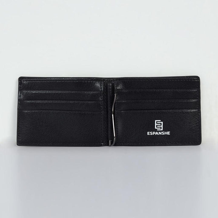 Two Folding Genuine Leather Money Clip Card Holder Wallet - Black - Espanshe