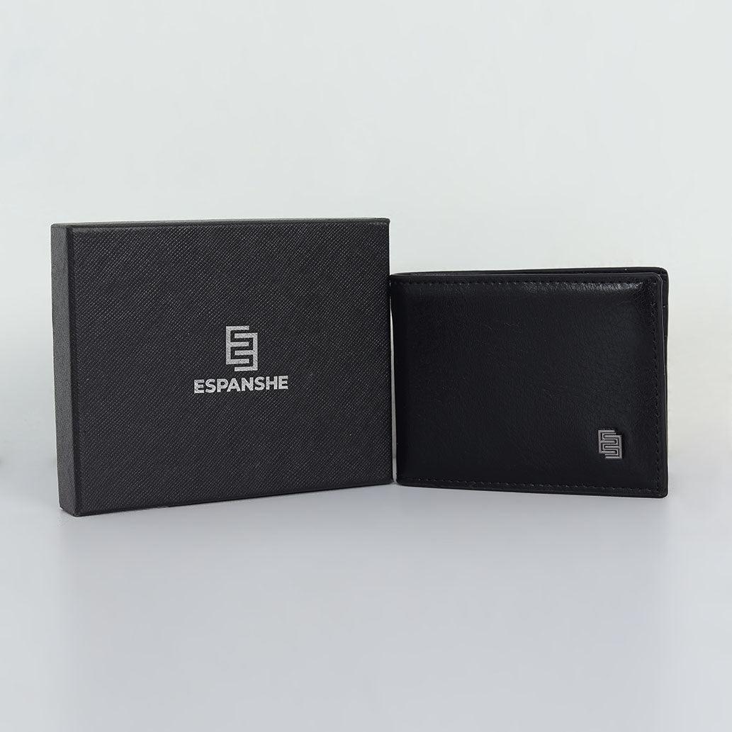 Two Folding Genuine Leather Money Clip Card Holder Wallet - Black - Espanshe