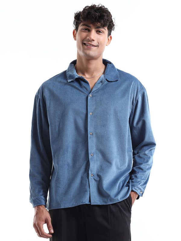 Men's Blue Single Collar Corduroy Shirt