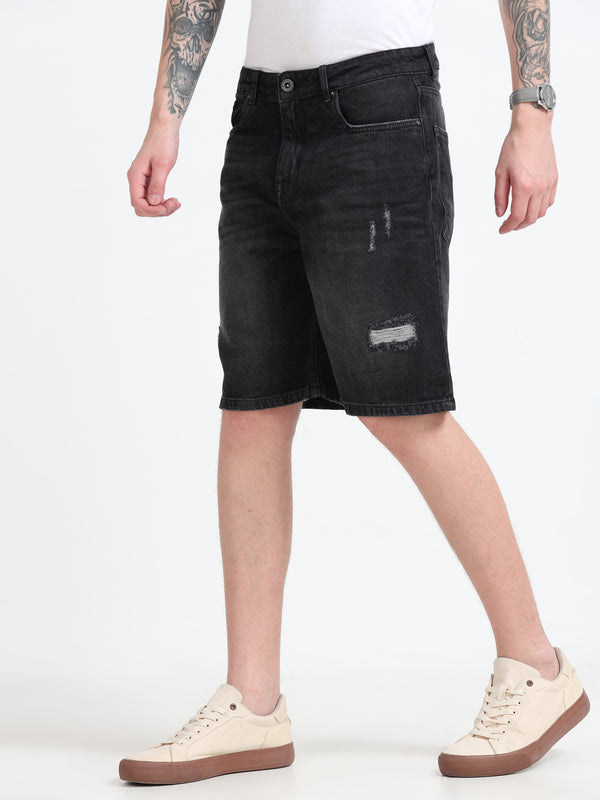 Marlowe - Distressed Denim Shorts - Black Shade Patch