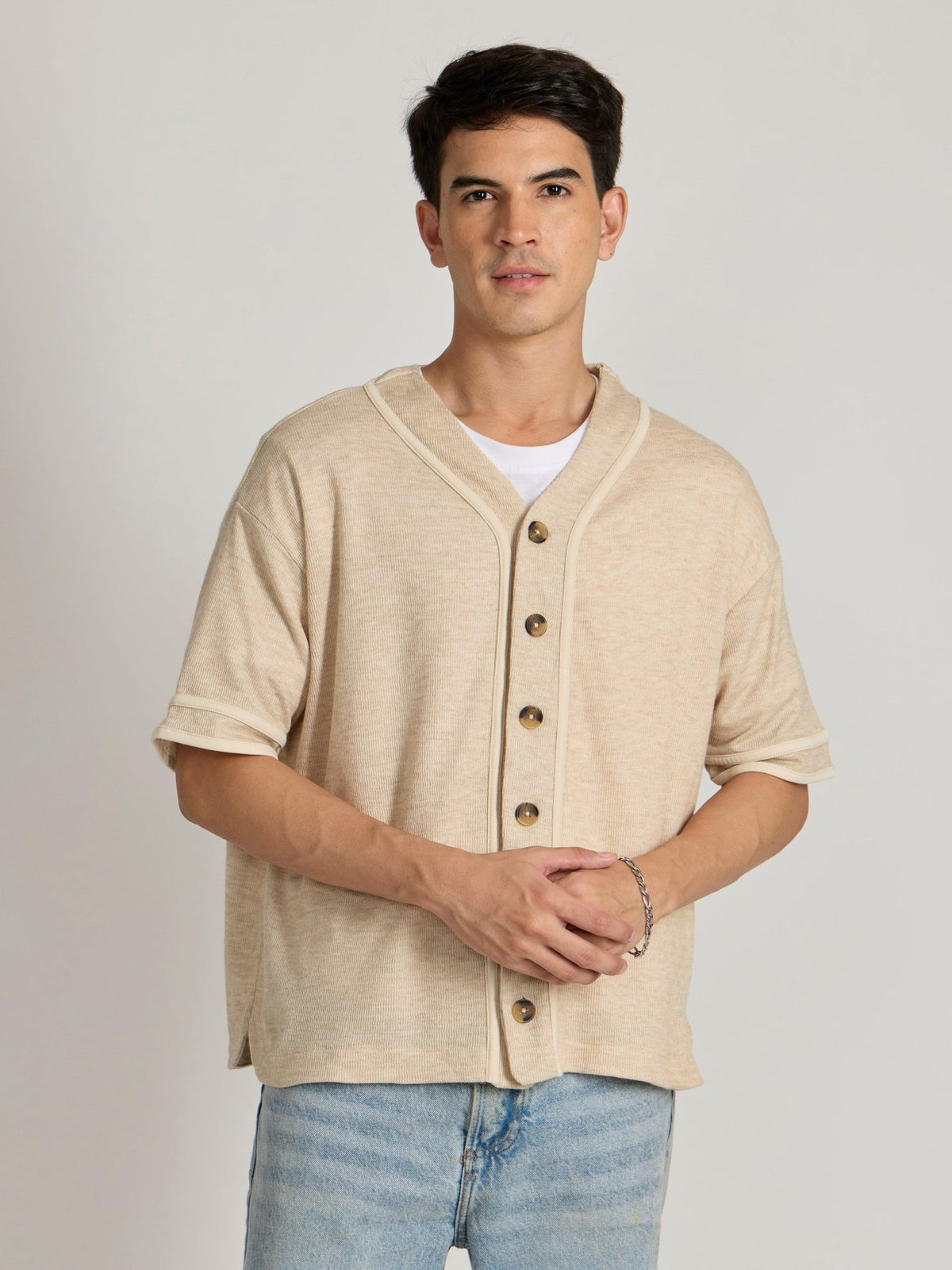 Jovanti - Loose Fit Baseball Shirt - Cream - Espanshe