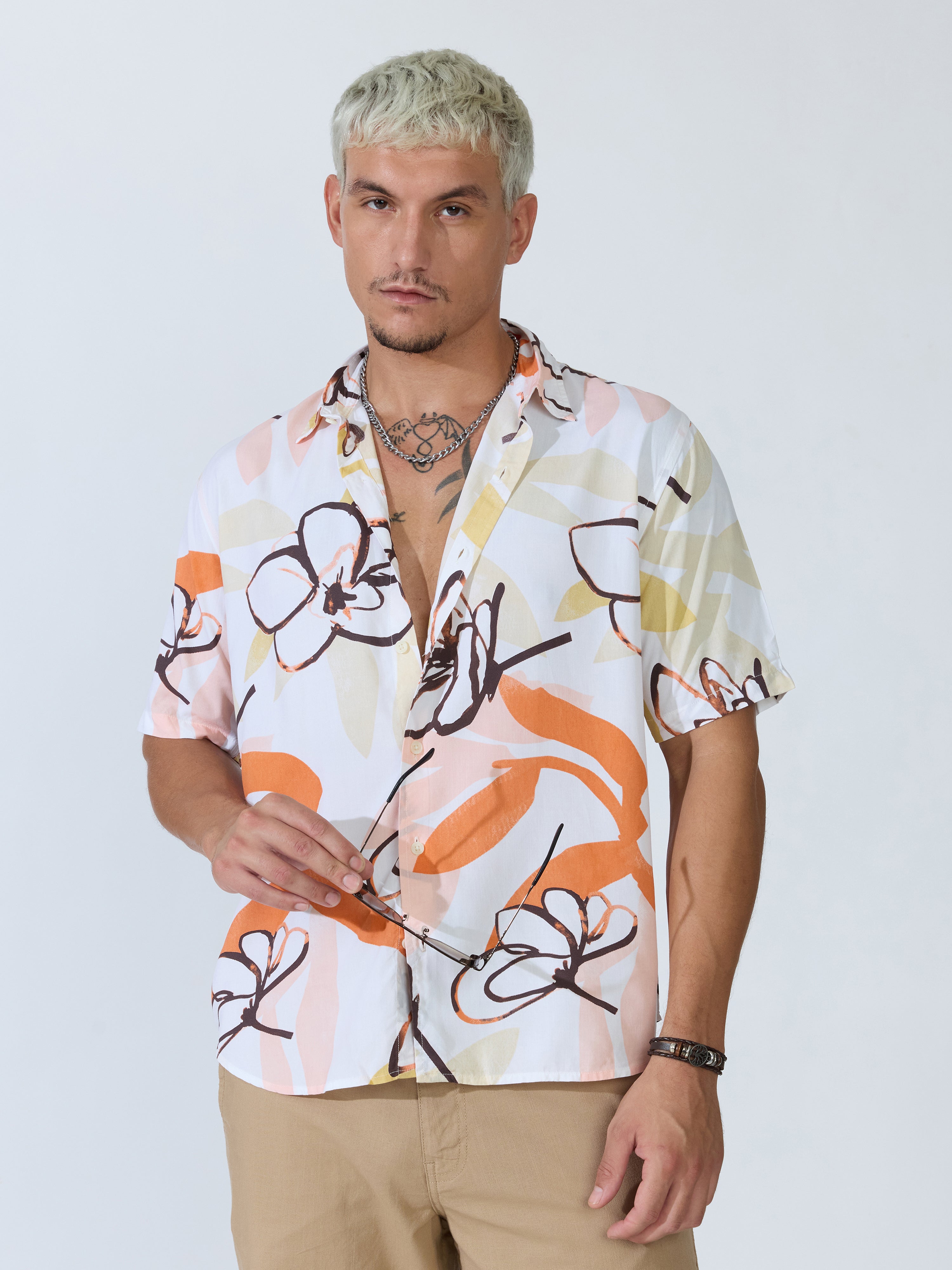 Koralo - Digital Printed Half Sleeve Shirt - White