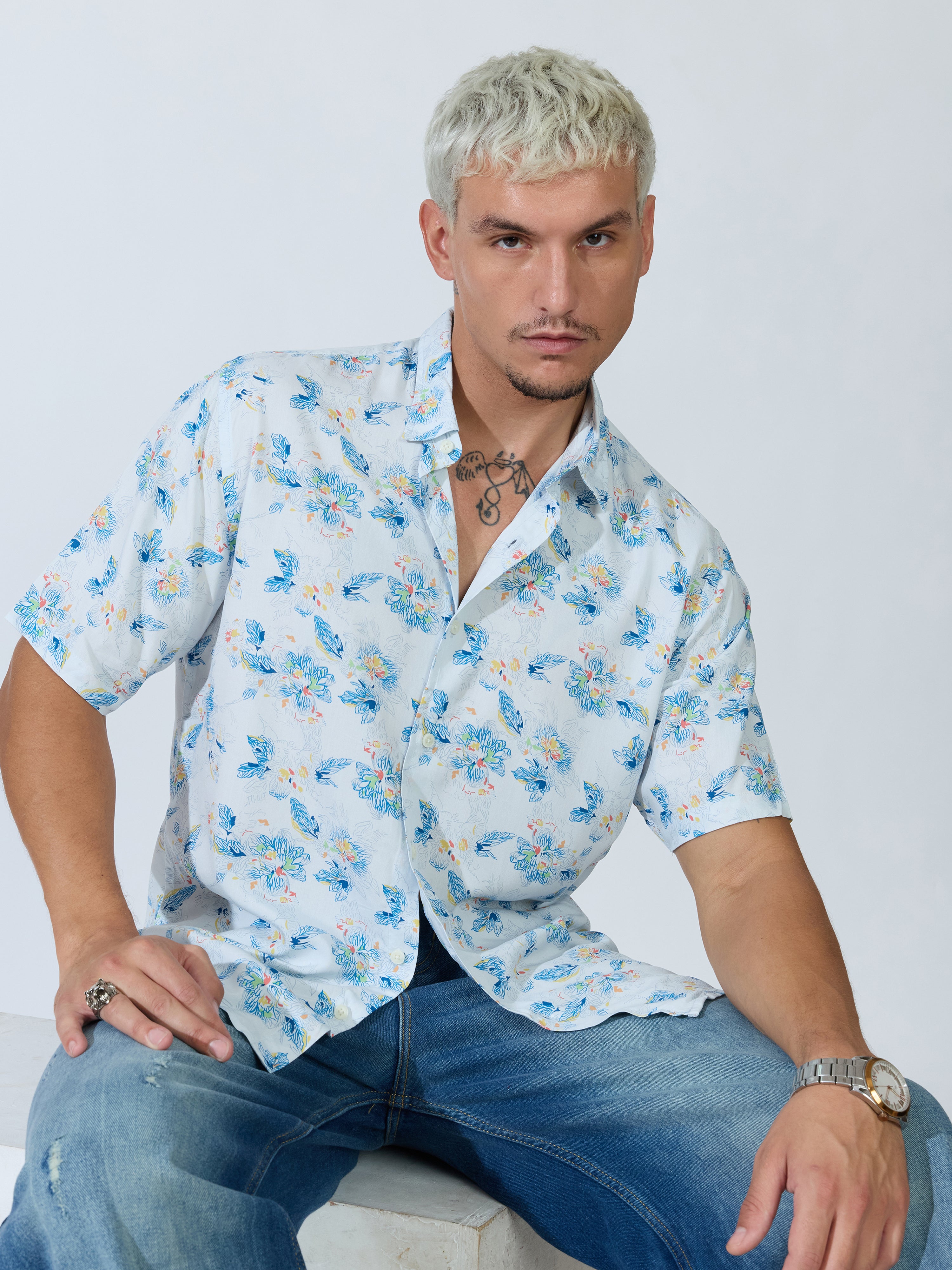 Koralo - Digital Printed Half Sleeve Shirt - Light Blue