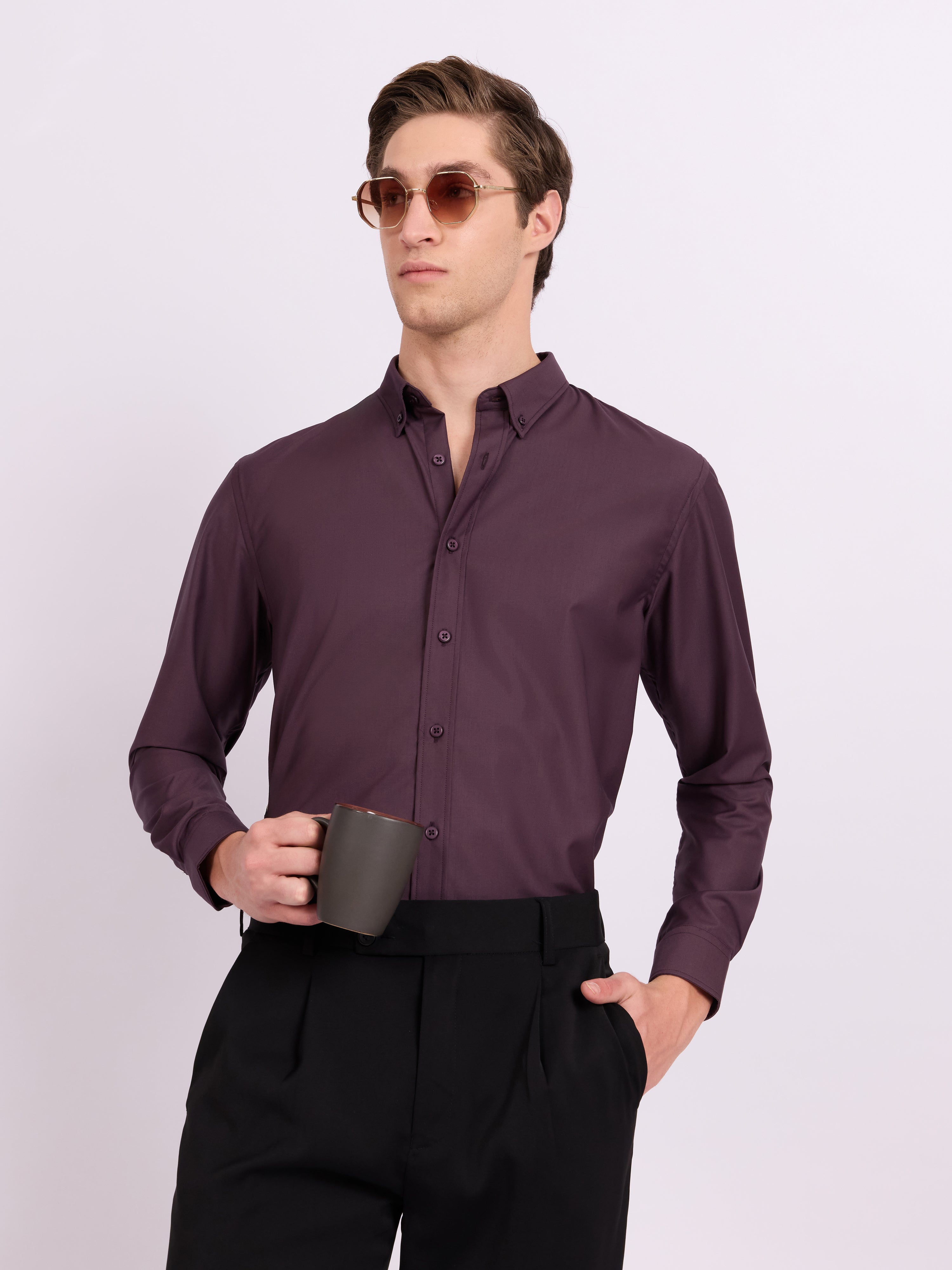 Lololo - Relaxed Fit Plain Shirt - Purple Plum
