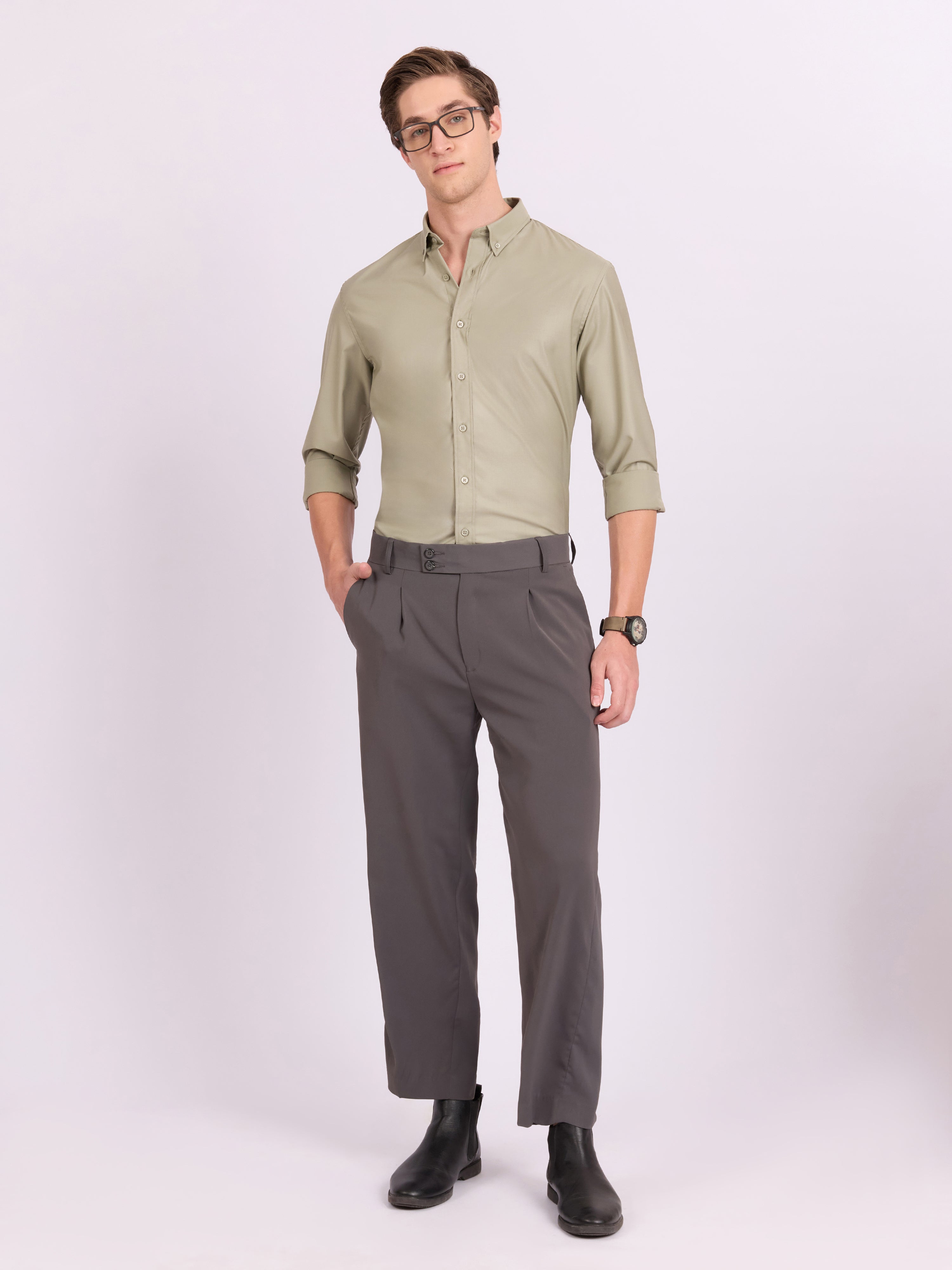 Lololo - Relaxed Fit Plain Shirt - Pastel Sage