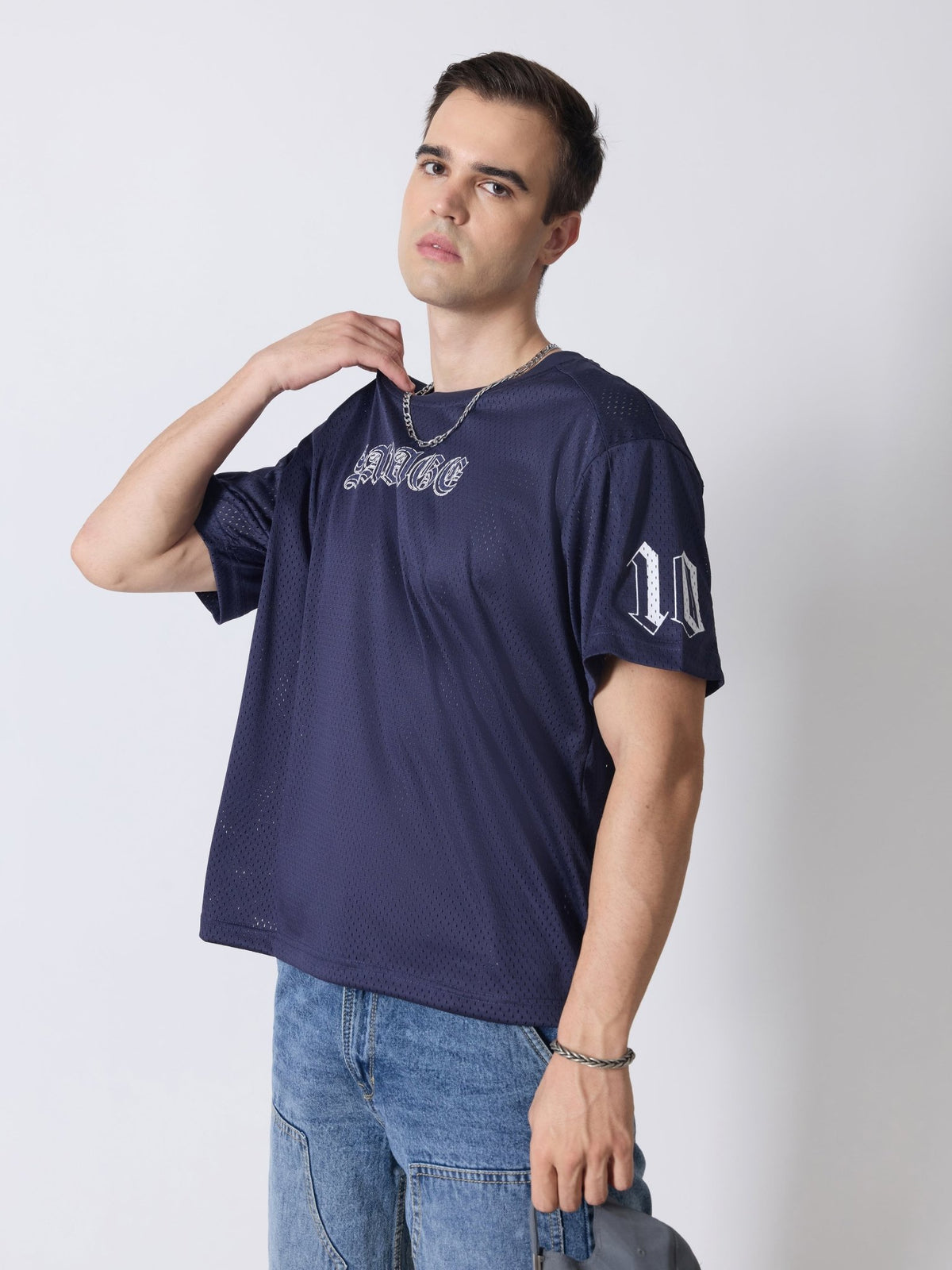 Lower Moon - Savage Printed Mesh Jersey T-Shirt - Navy Blue - Espanshe