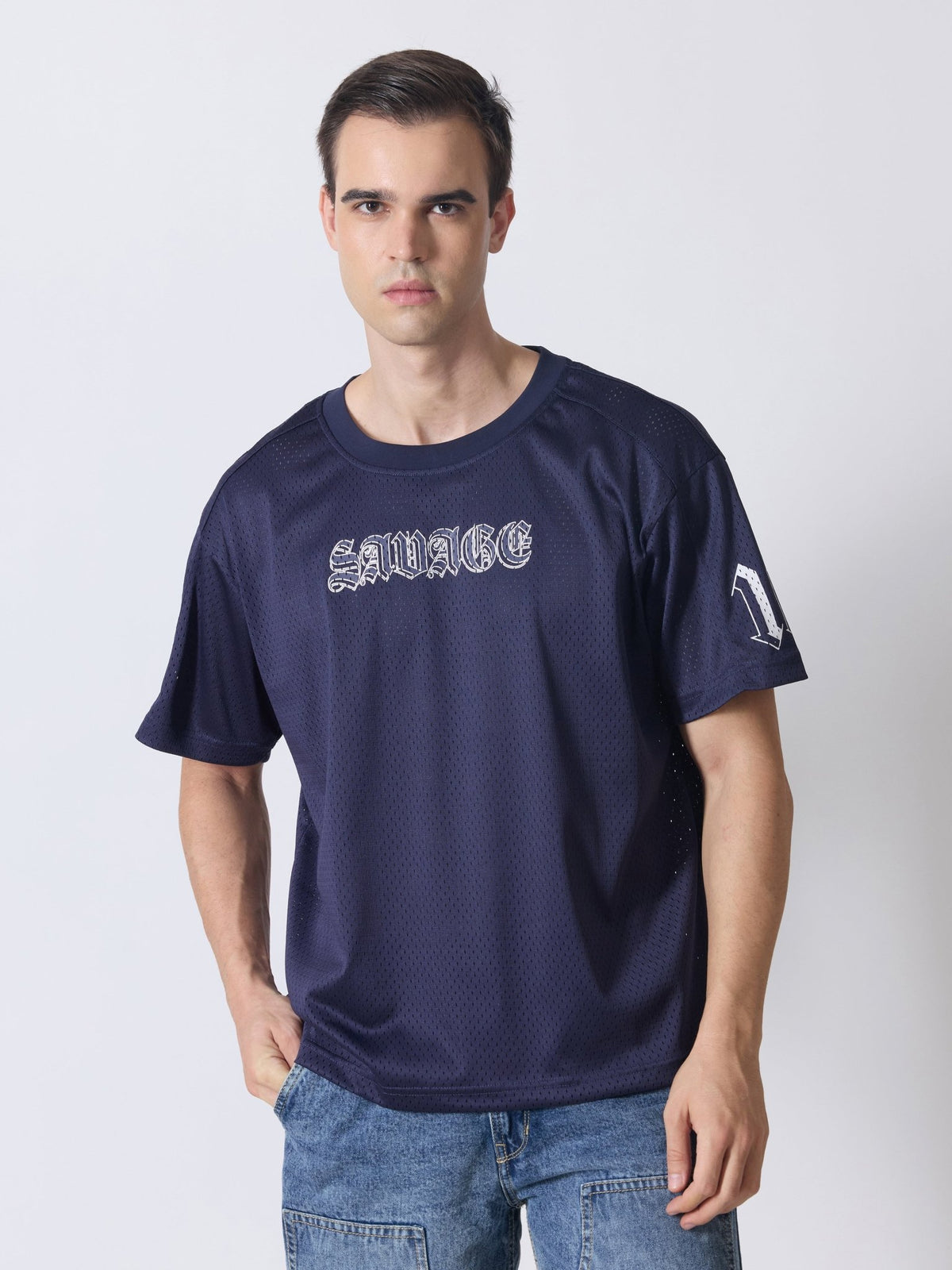 Lower Moon - Savage Printed Mesh Jersey T-Shirt - Navy Blue - Espanshe
