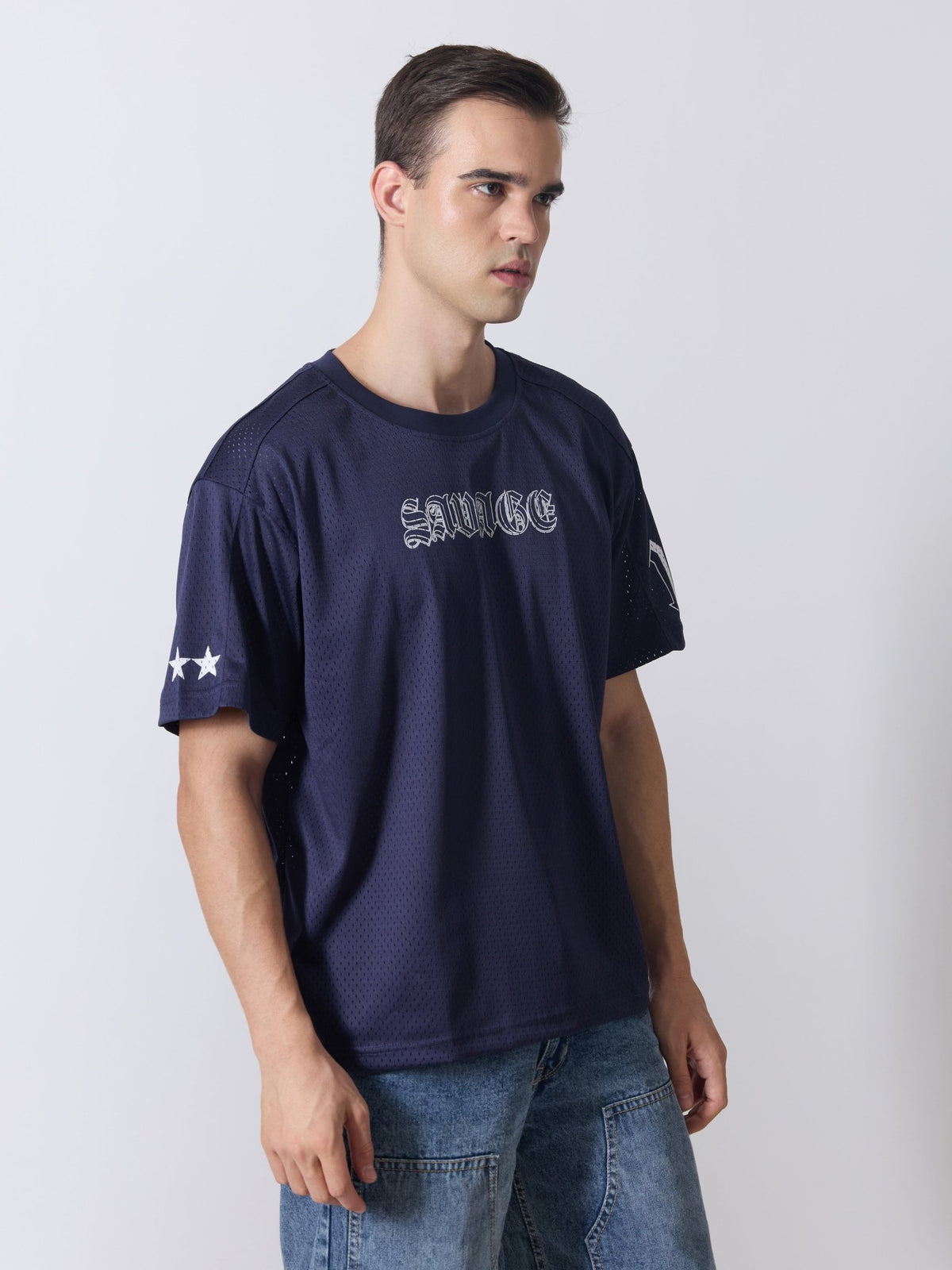 Lower Moon - Savage Printed Mesh Jersey T-Shirt - Navy Blue - Espanshe