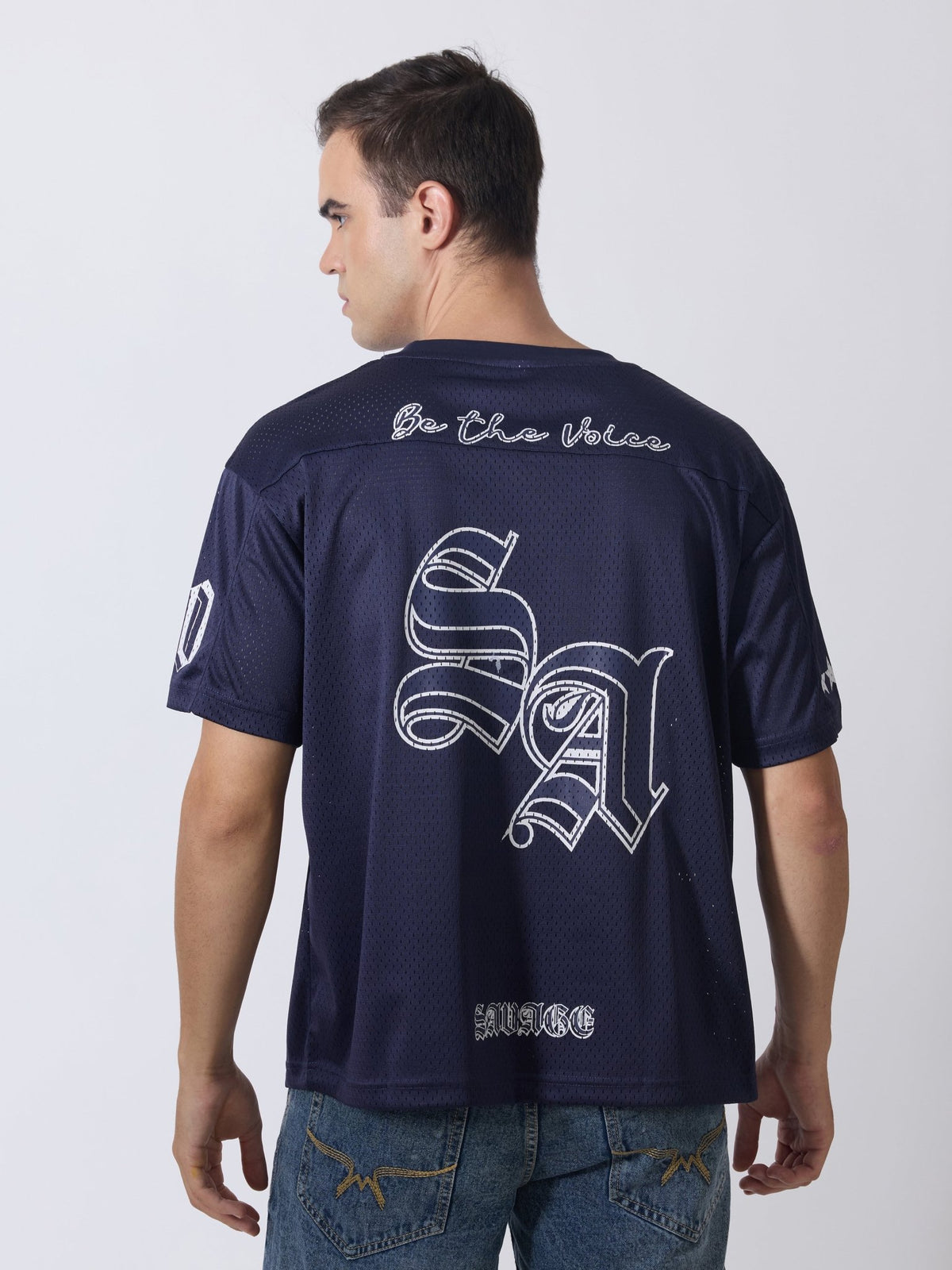 Lower Moon - Savage Printed Mesh Jersey T-Shirt - Navy Blue - Espanshe