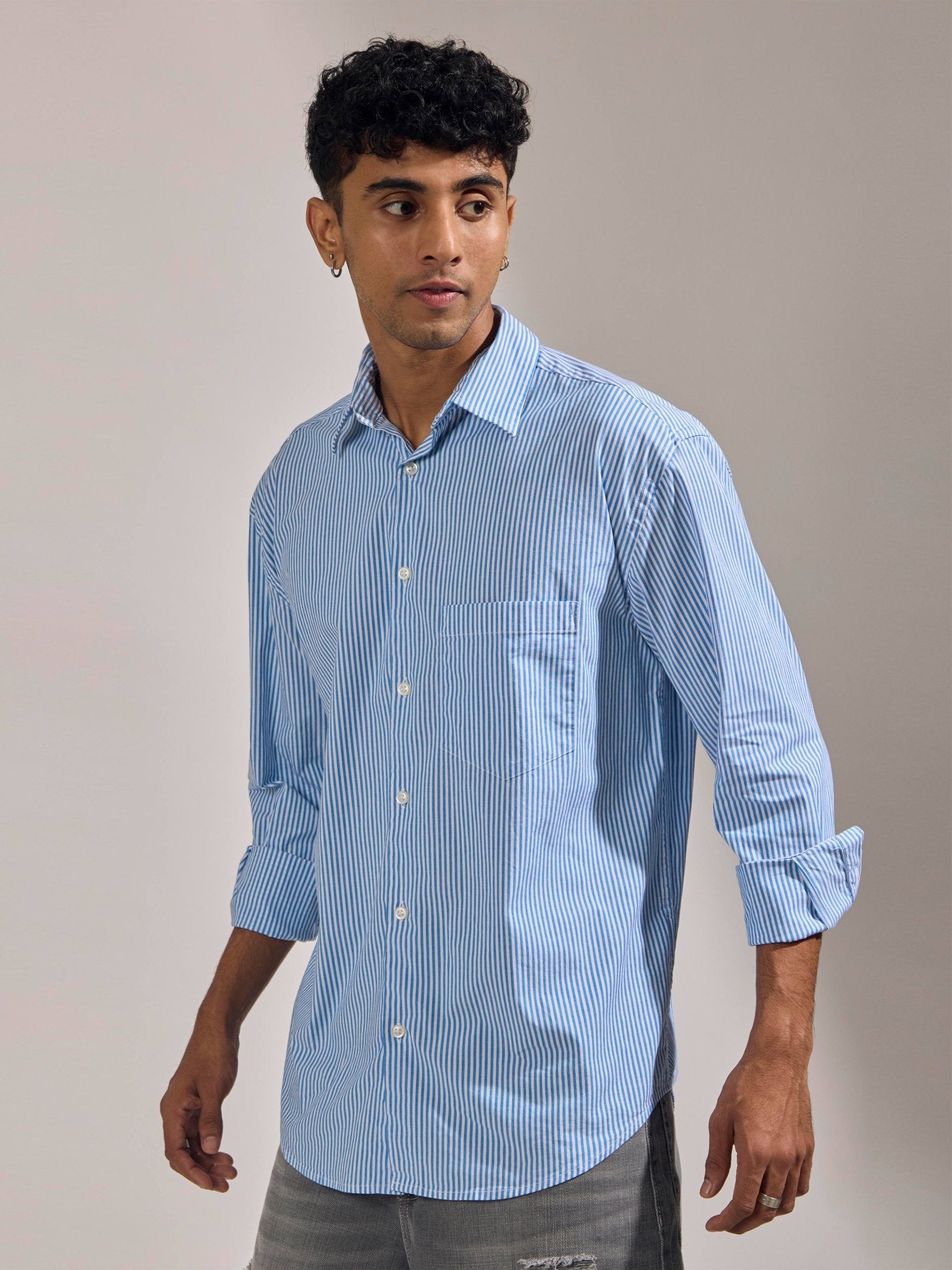 Lisandra - Oversize Striped Shirt- Sky Blue - Espanshe